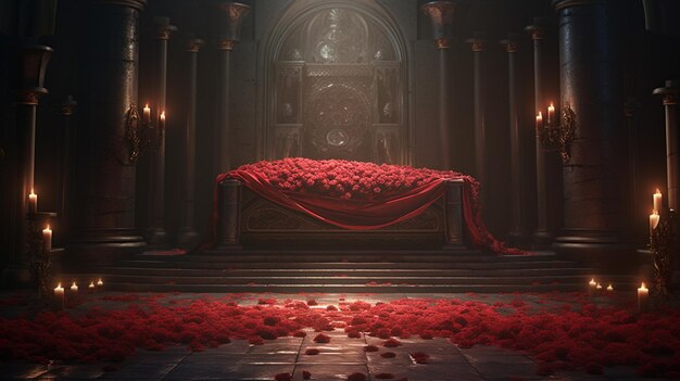 there is a large red casket with candles on the floor generative ai