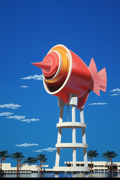 There is a large red fish statue on a white tower generative ai