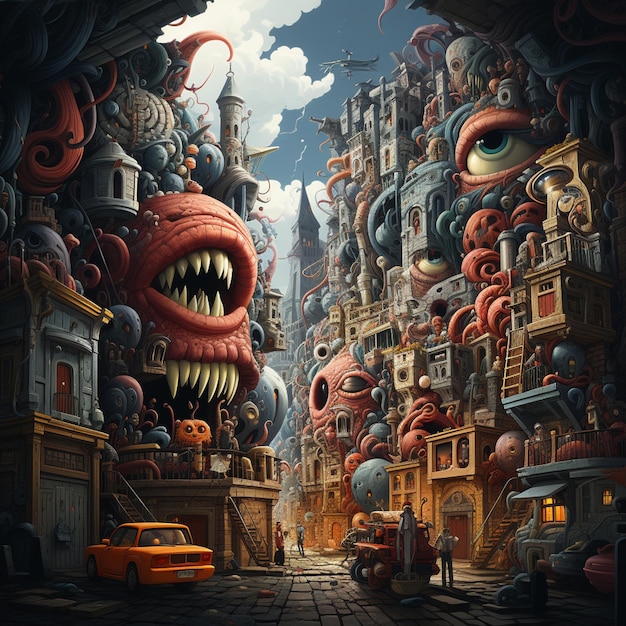 There is a large red monster head in the middle of a city generative ai