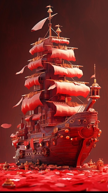 There is a large red ship with many sails on the water generative ai