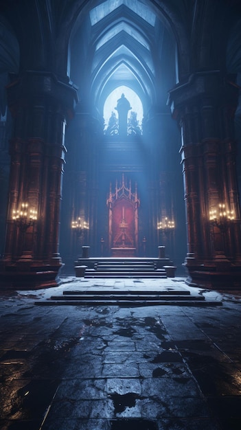 There is a large red throne in a dark room with a red door generative ai