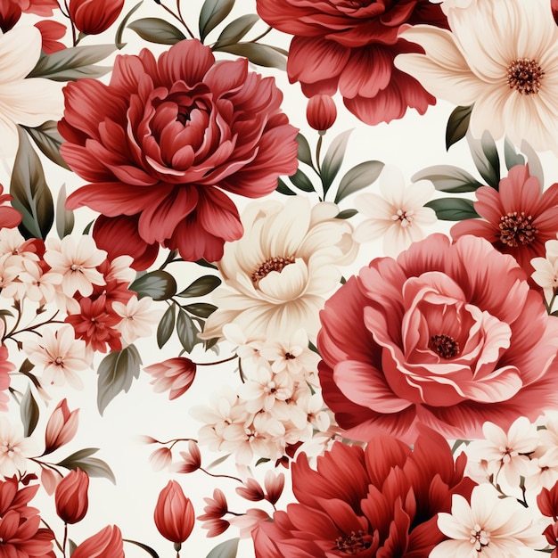白い背景に大きな赤と白の花のパターンがあります