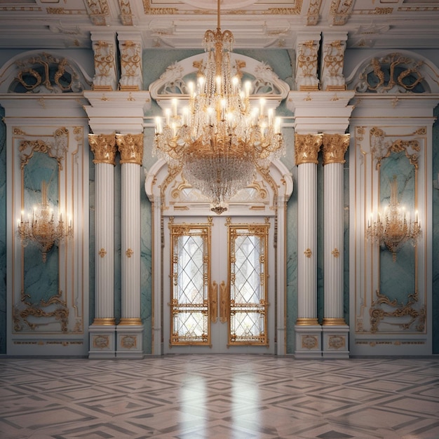 there is a large room with a chandelier and a large door generative ai