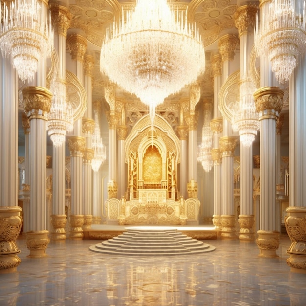 Photo there is a large room with a chandelier and a marble floor generative ai