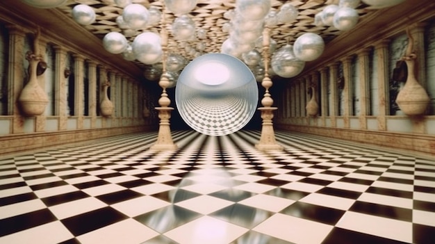 There is a large room with a checkered floor and a large sphere generative ai