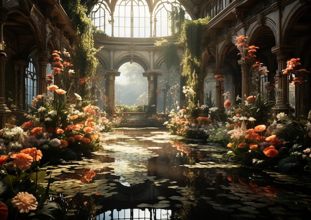 Там большая комната с фонтаном и множеством цветов.