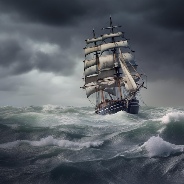 There is a large sailboat sailing in the ocean on a stormy day generative ai