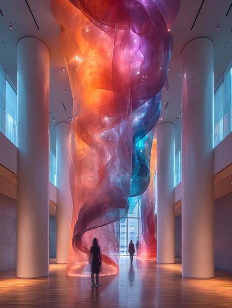 there is a large sculpture of colorful material hanging from the ceiling generative ai