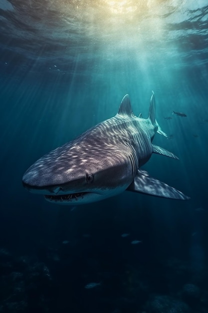 There is a large shark swimming in the ocean with sun shining through the water generative ai