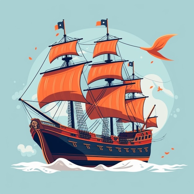 There is a large ship with orange sails sailing in the ocean generative ai