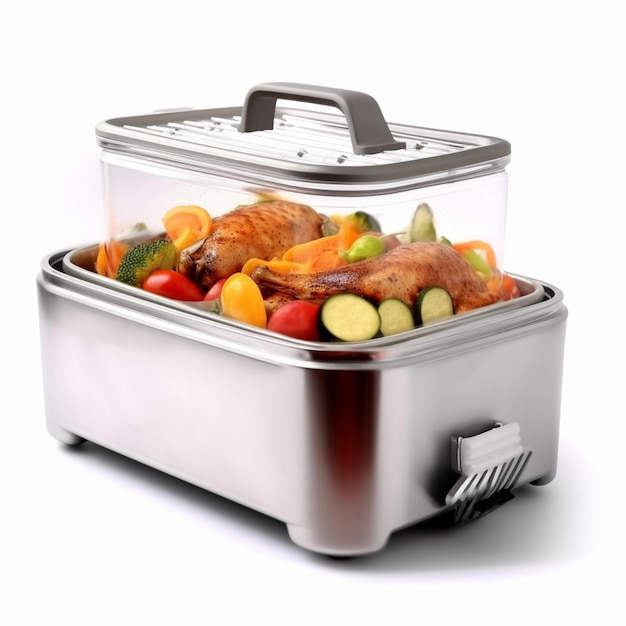 There is a large stainless steel container with a lid filled with food generative ai