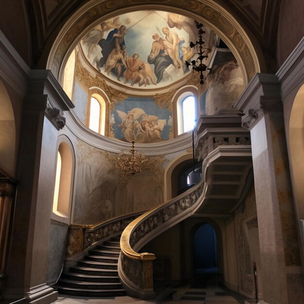 There is a large staircase in a building with a painting on the ceiling generative ai