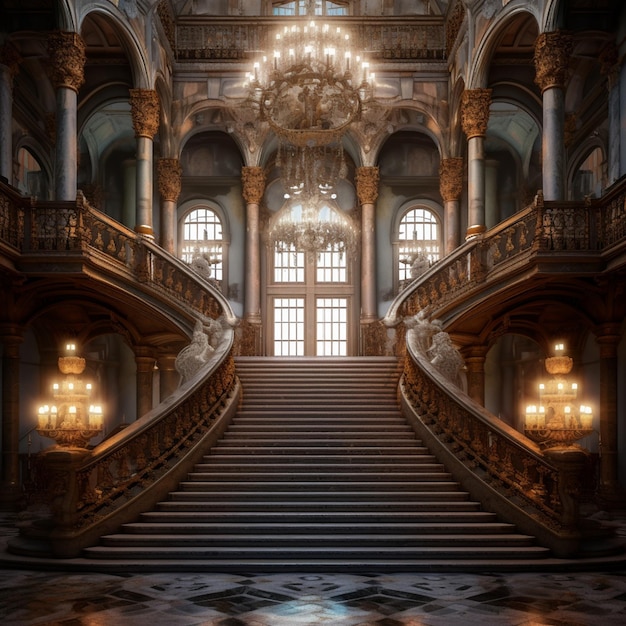 Photo there is a large staircase leading to a large building with chandeliers generative ai