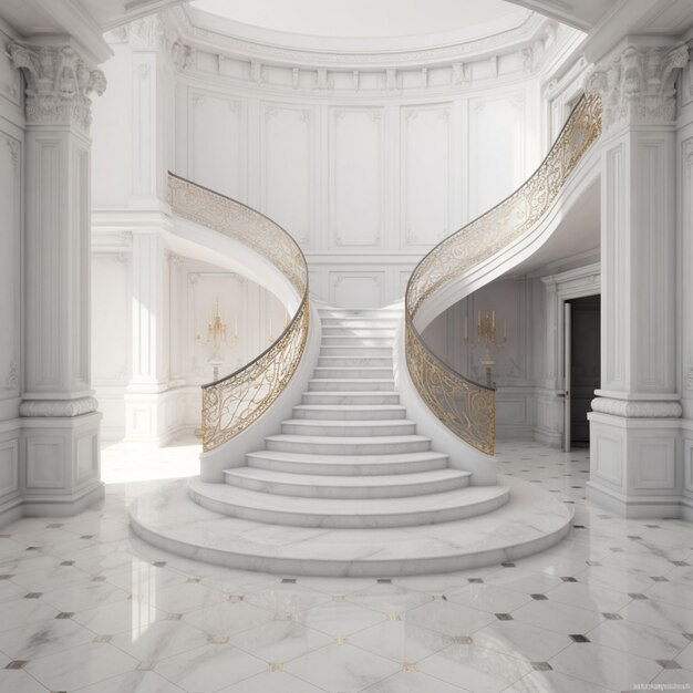 There is a large staircase in a white building with a gold railing ai generative