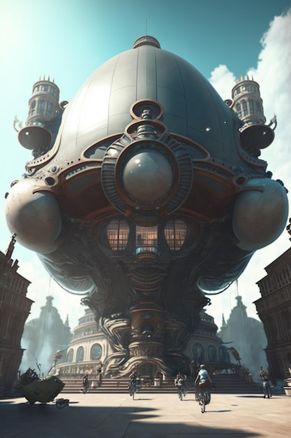There is a large steam powered building in the middle of a city generative ai