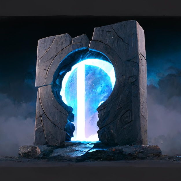 Photo there is a large stone door with a glowing light coming out of it ai generative
