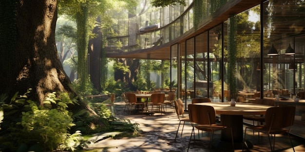 There is a large tree in the middle of a restaurant generative ai