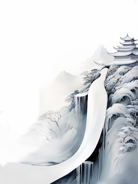 There is a large waterfall with a snow covered mountain in the background generative ai