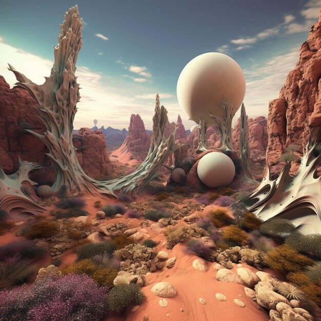Photo there is a large white ball in the middle of a desert generative ai
