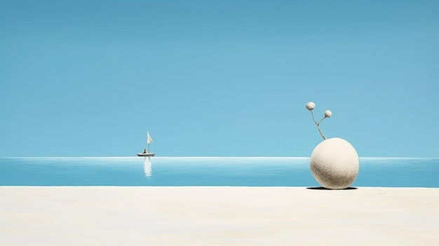 there is a large white ball sitting on the beach next to a sailboat generative ai