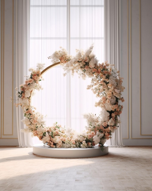 Photo there is a large white flower wreath on a round table ai generative