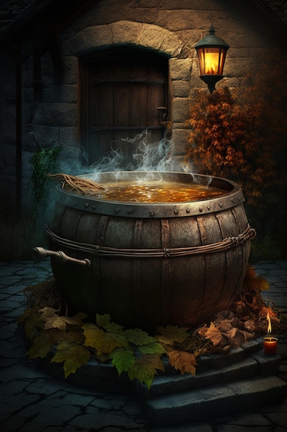There is a large wooden barrel of water in potted with candle generative ai