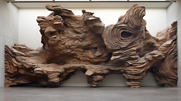 there is a large wooden sculpture of a horse in a room generative ai