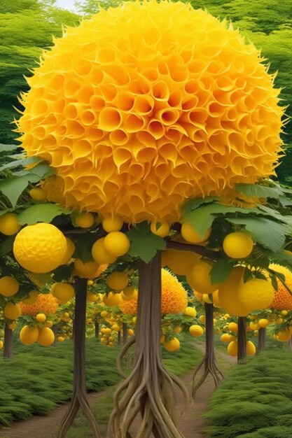 There is a large yellow flower tree with many yellow flowers generative ai