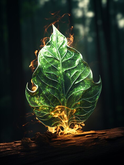 Photo there is a leaf that is on fire on a log generative ai