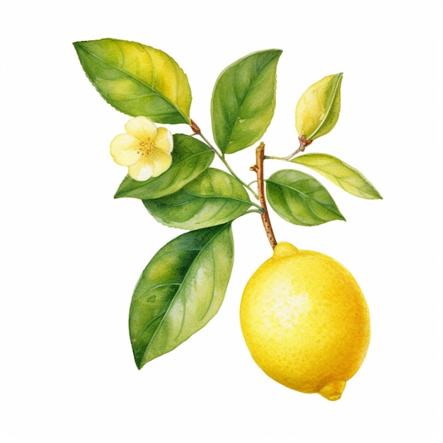 there is a lemon on a branch with leaves and flowers generative ai