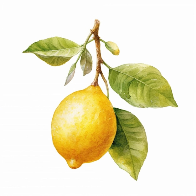 There is a lemon hanging from a branch with leaves generative ai