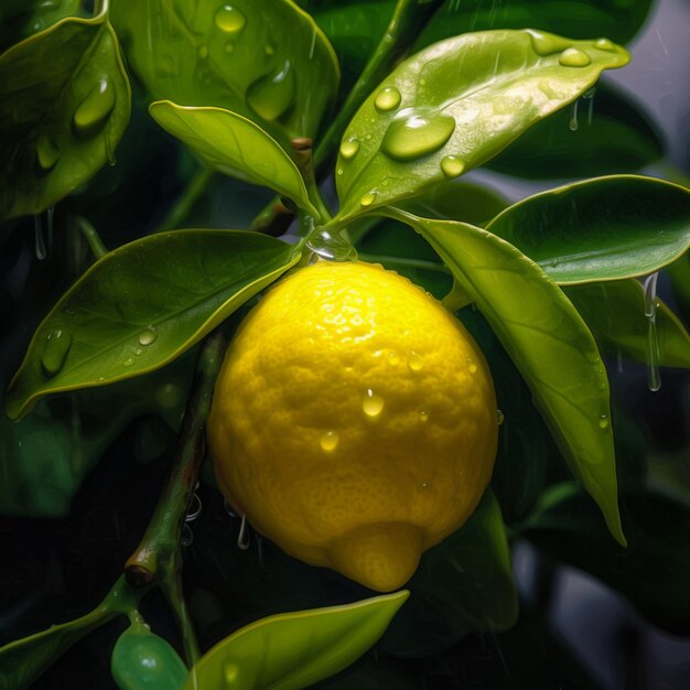 there is a lemon that is growing on a tree with water droplets generative ai