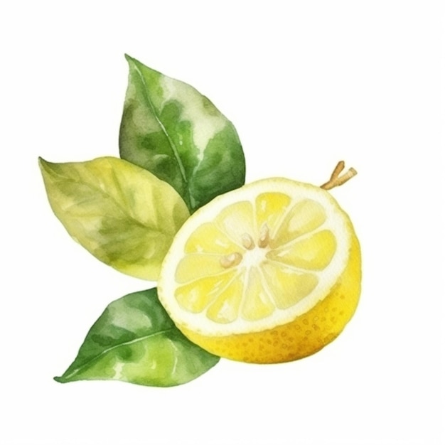 There is a lemon with leaves on it and a half of it generative ai