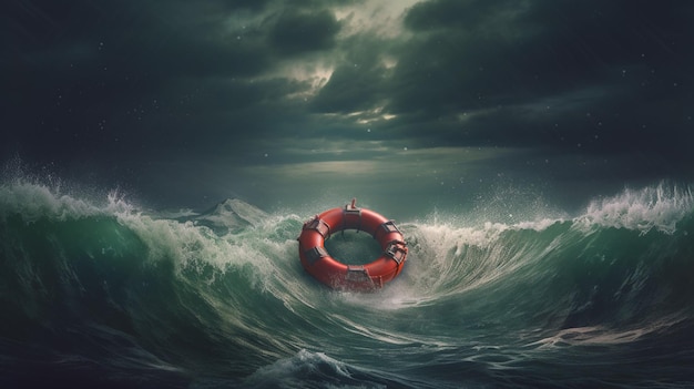 There is a lifebuoy on stormy water illustration