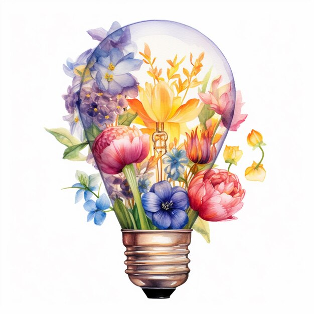 Photo there is a light bulb with flowers inside of it generative ai