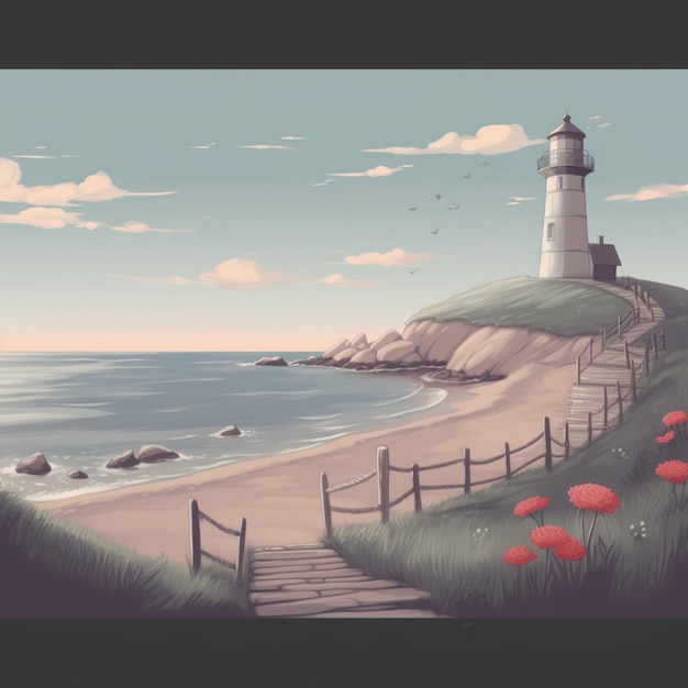 there is a lighthouse on a hill overlooking the ocean generative ai