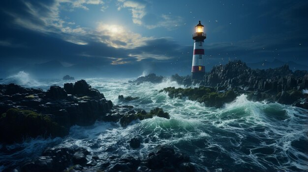 There is a lighthouse on a rocky shore with a full moon in the sky generative ai