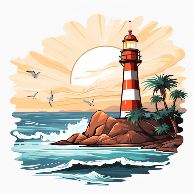 there is a lighthouse on a small island with palm trees generative ai