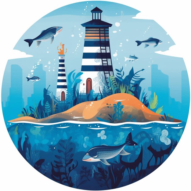 There is a lighthouse surrounded by fish and plants in the ocean generative ai