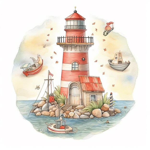 there is a lighthouse with a red roof and a boat in the water generative ai