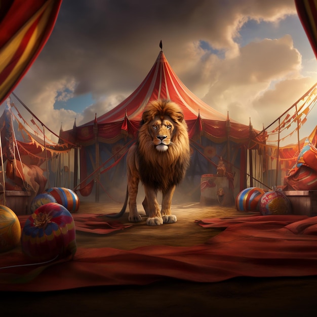 there is a lion standing in front of a circus tent generative ai