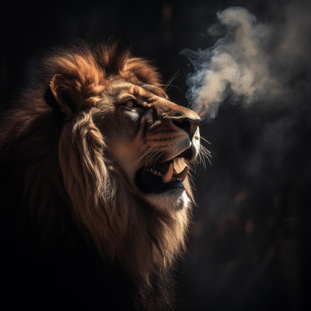 There is a lion that is smoking something in the dark generative ai