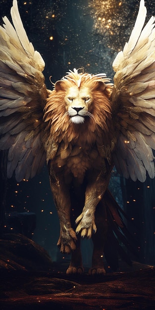 Photo there is a lion with wings on a rock in the dark generative ai