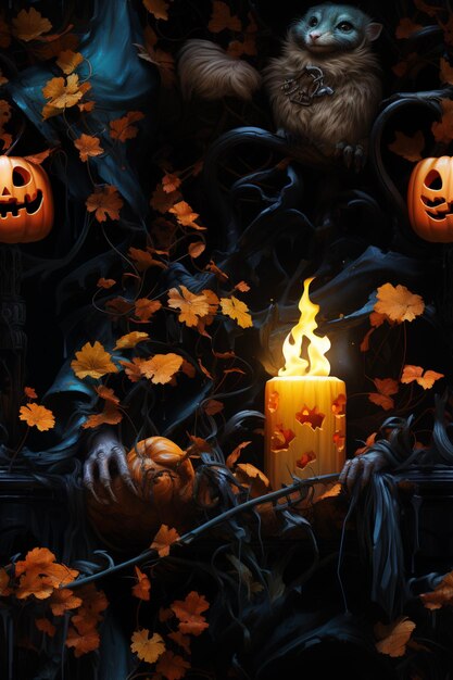 Photo there is a lit candle surrounded by pumpkins and other decorations generative ai