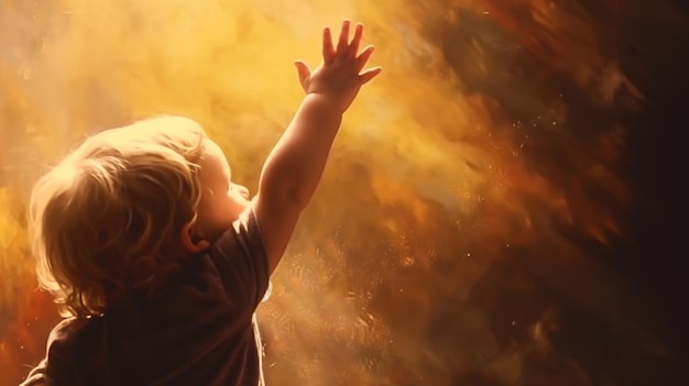 There is a little boy reaching up to the sky with his hands generative ai