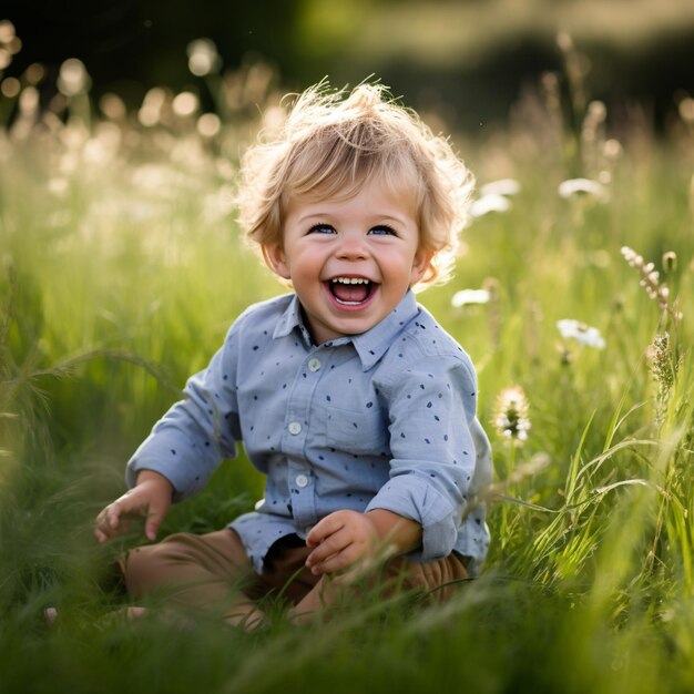 草の中に笑顔の生成aiに座っている小さな男の子がいます