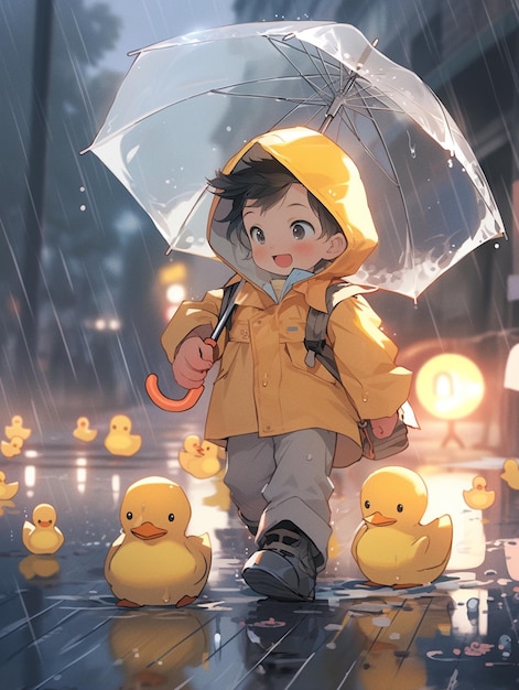 Маленький мальчик гуляет под дождем с зонтиком, генерирующим искусственный интеллект