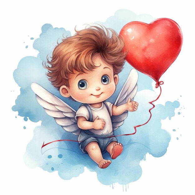 Есть маленький мальчик с воздушным шаром в форме сердца в небе генеративный ай