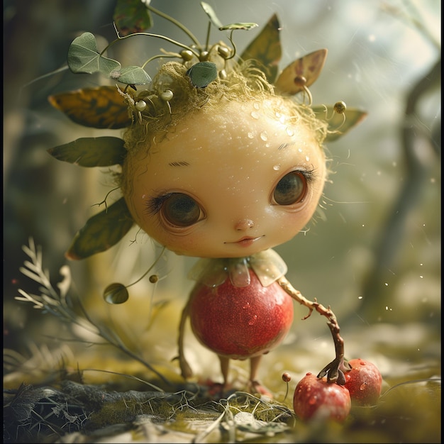 есть маленькая кукла с головой из листьев и генеративным искусственным интеллектом в виде красного яблока.