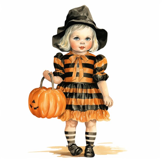 There is a little girl dressed in a halloween costume holding a pumpkin generative ai